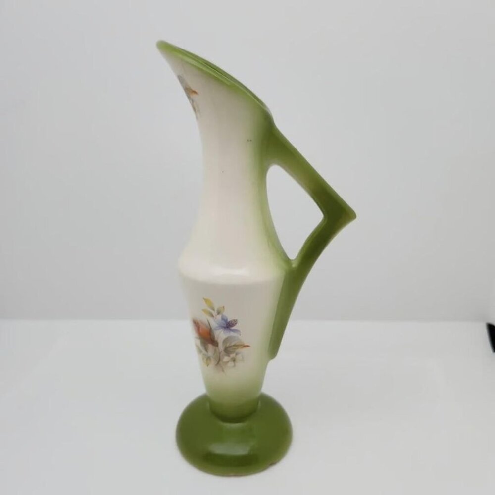 Vintage Modern Mid Century Art Deco Ceramic Bud Vase Green with Flowers